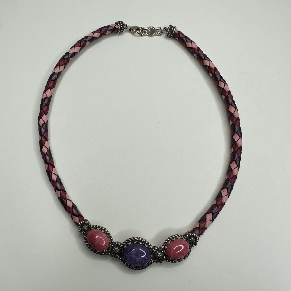 American West Carolyn Pollack Sterling Stone Braided Leather Choker Necklace 14"
